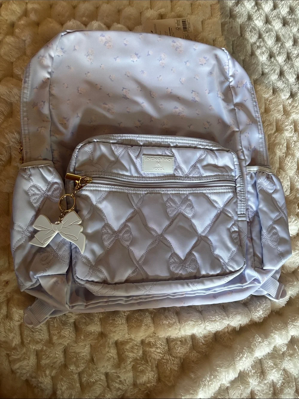 LoveShackFancy Lavender Quilted Bow Kids Backpack with Gold Accents